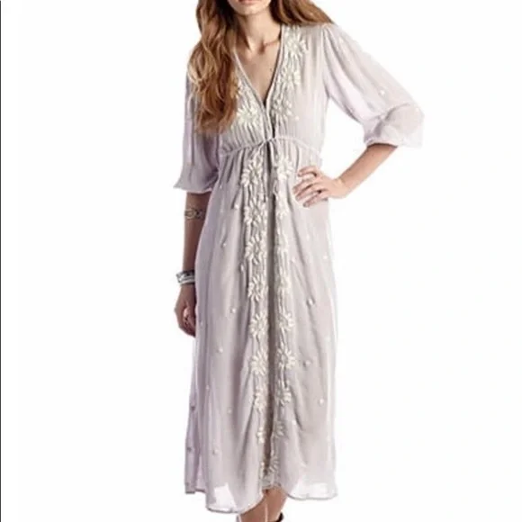Free People Fable Dusty Lavender Embroidered Maxi Dress M Rare